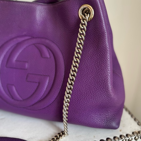 Gucci Soho Purple Pebbled Leather Shoulder Bag with Tassel and Chain Straps - Picture 8 of 11